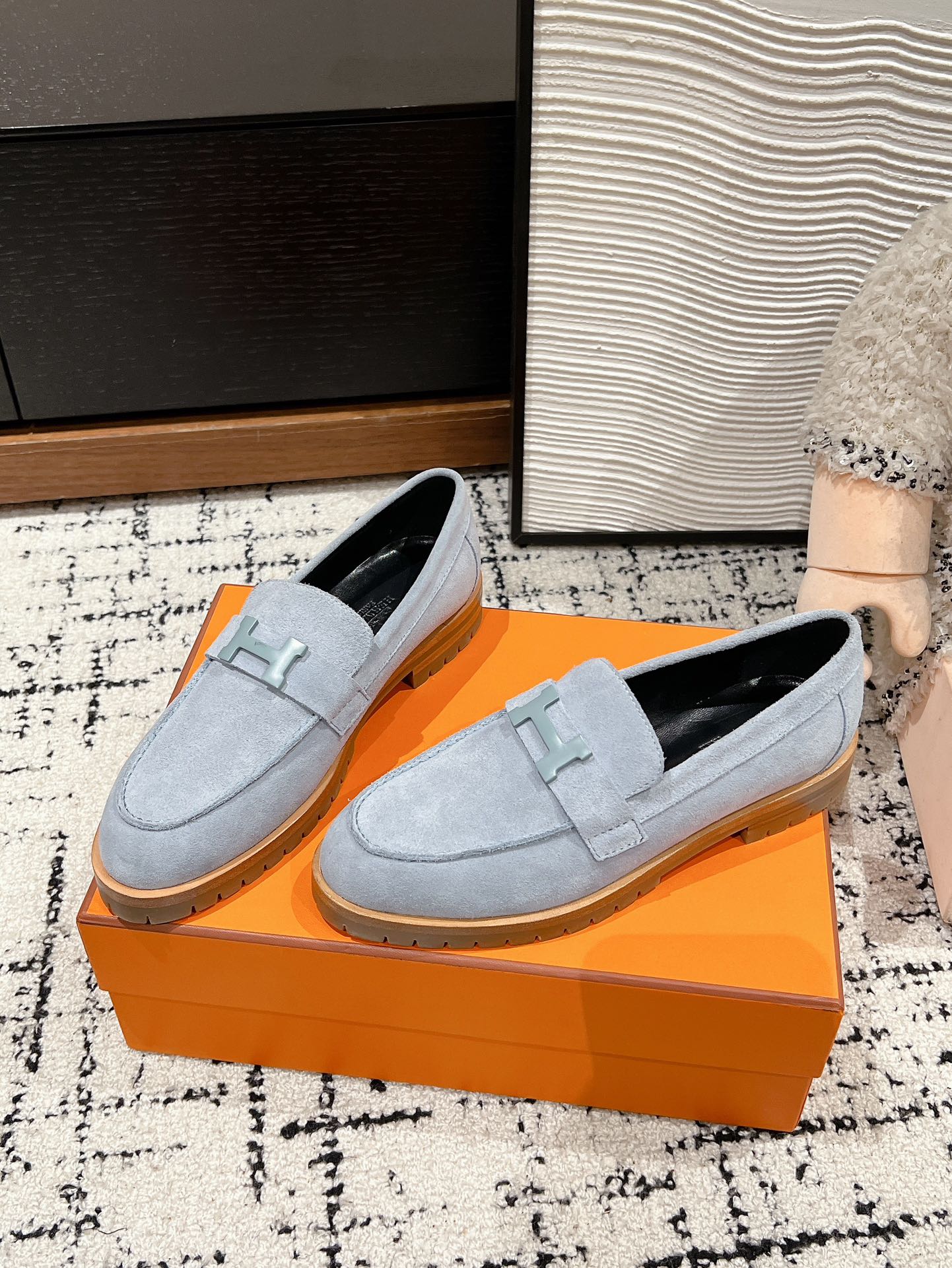 HERMES PARIS LOAFER IN BLUE SUEDE BLUE HARDWARE
