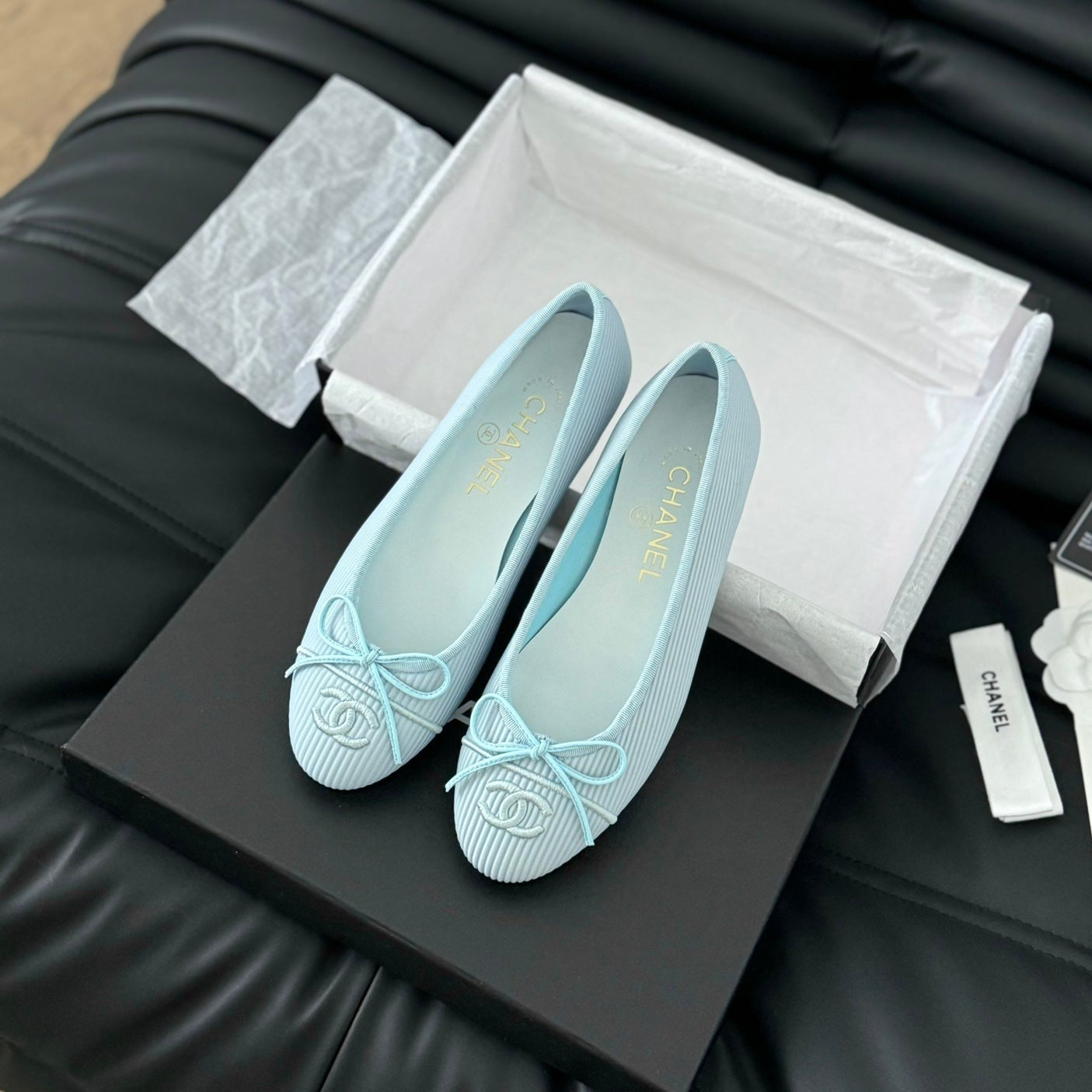 CHANEL CLASSIC BALLET FLATS LIGHT BLUE LAMBSKIN