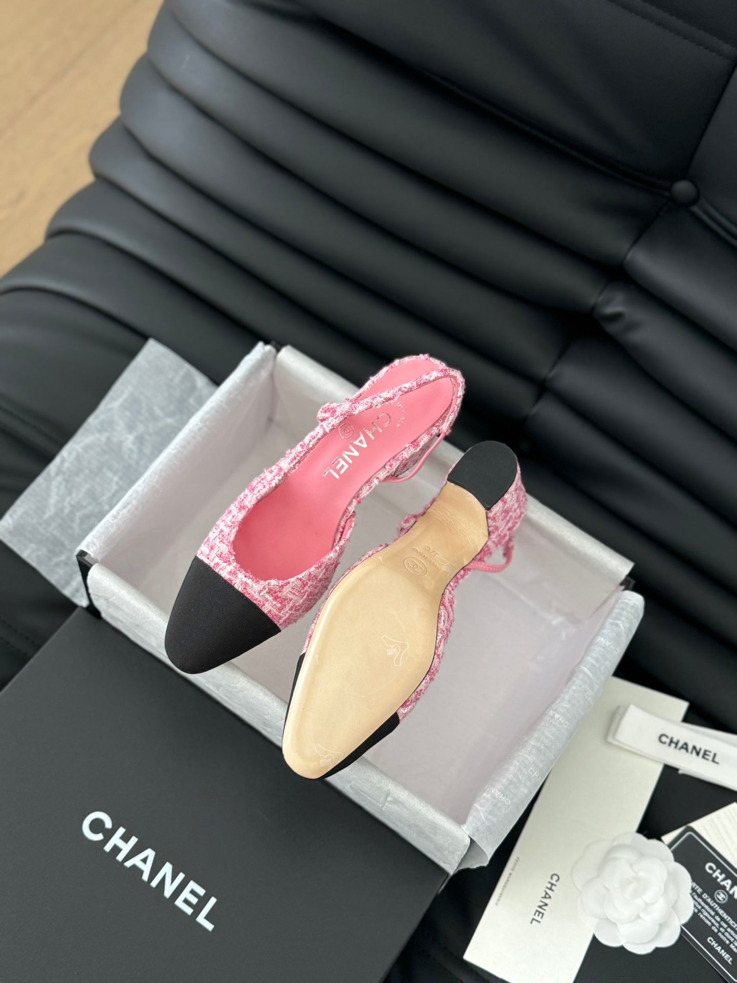 CHANEL HIGH SLINGBACK IN LIGHT PINK TWEED AND BLACK LAMBSKIN