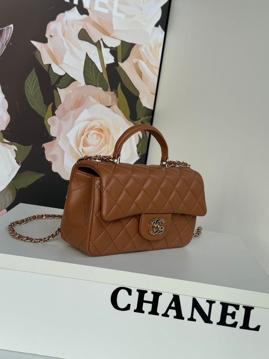 CHANEL FLAP BAG 20 IN BRONZE BROWN LAMBSKIN WITH HANDLE- NEW