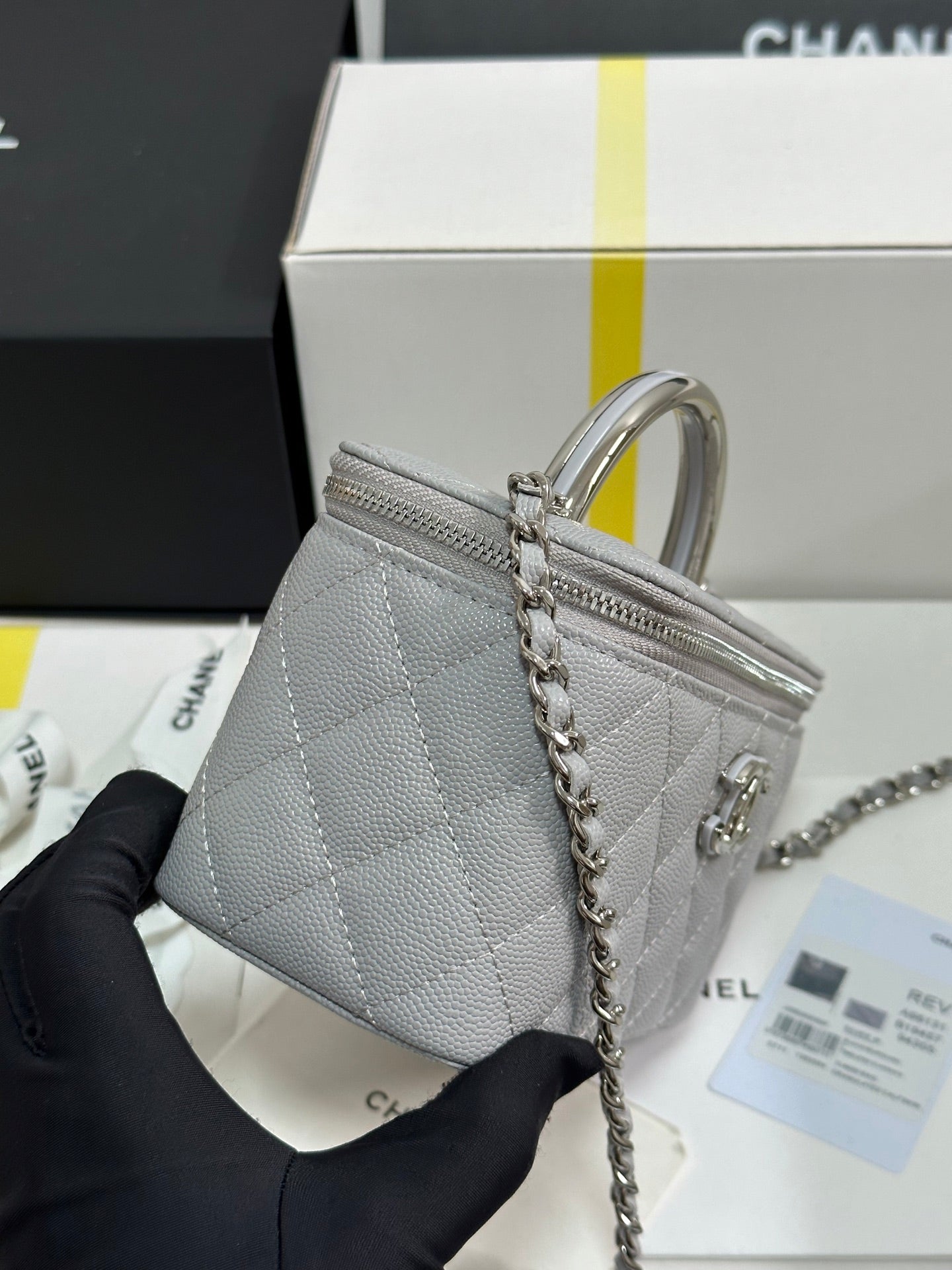 CHANEL MINI VANITY TOP HANDLE CASE 17 IN GREY CAVIAR SKIN SILVER-TONE PLATED METAL