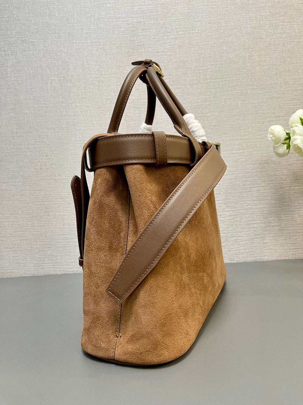 PRADA MEDIUM TOTE BAG WITH BELT 35 IN RUSSET BROWN SUEDE