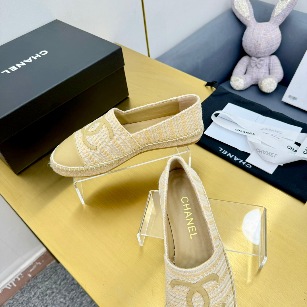 CHANEL ESPADRILLES PLATFORM 25S IN BEIGE YELLOW TWEED MIX CALFSKIN
