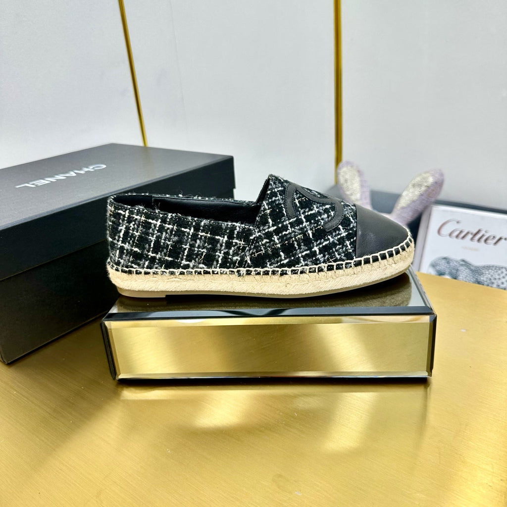 CHANEL ESPADRILLES PLATFORM 25S IN BLACK TWEED AND CALFSKIN