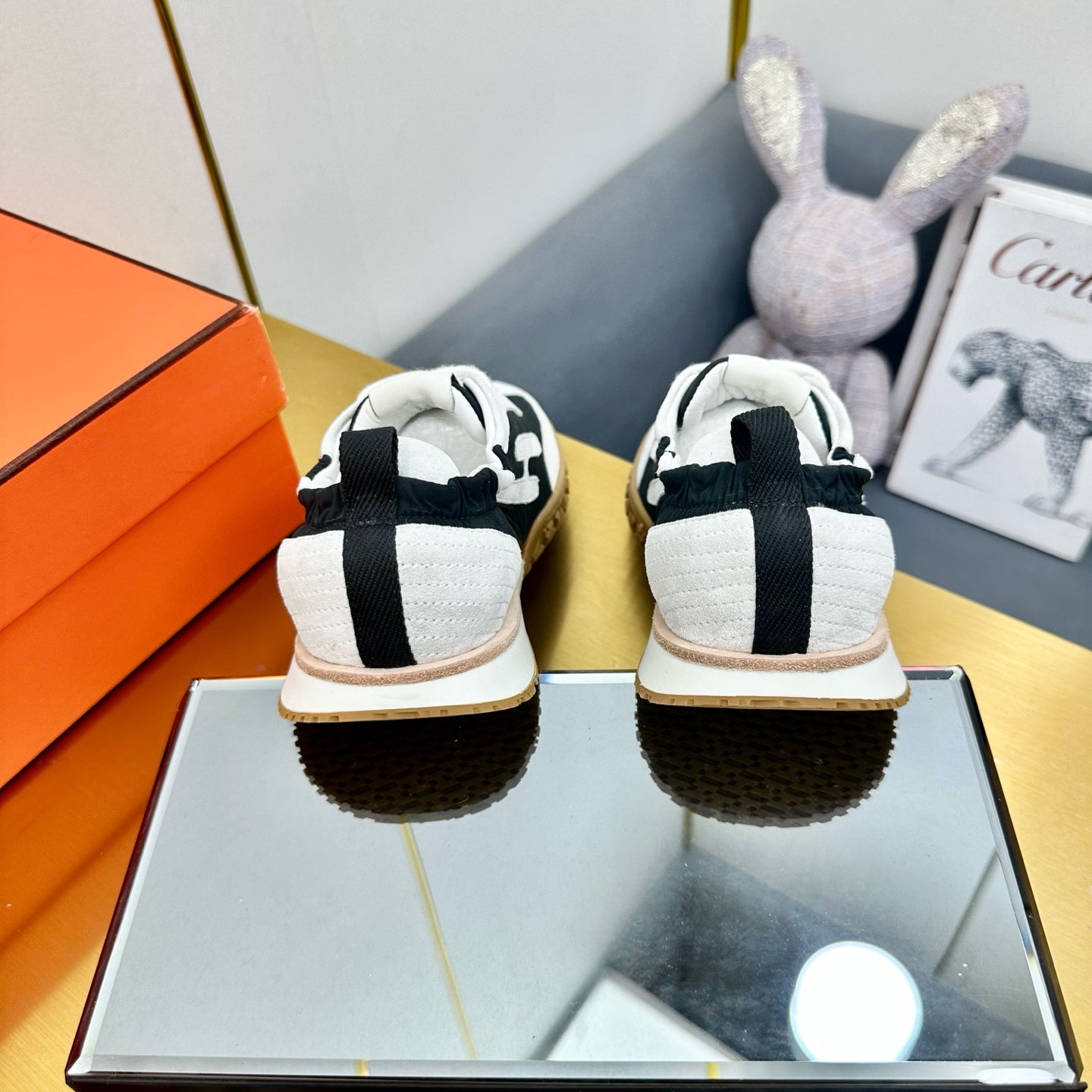 HERMES JET SNEAKER IN WHITE MIX BLACK SUEDE