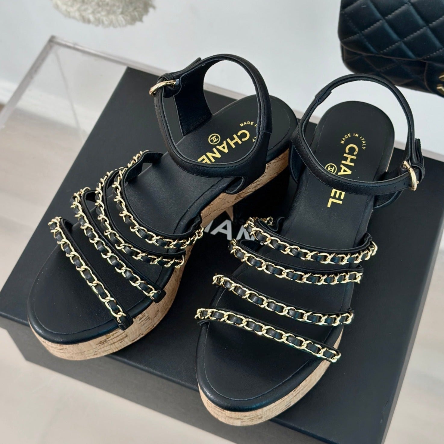 CHANEL Double C Wooden Chain Platform Block Heel Sandals Black