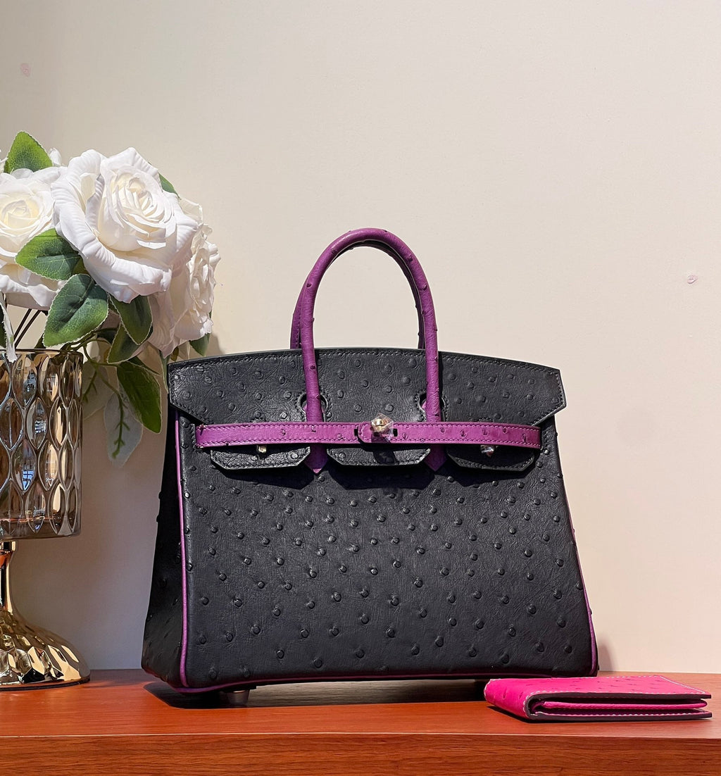 HERMES KELLY  SELLIER 25 BAG IN BLACK MIX ORCHID PURPLE OSTRICH LEATHER