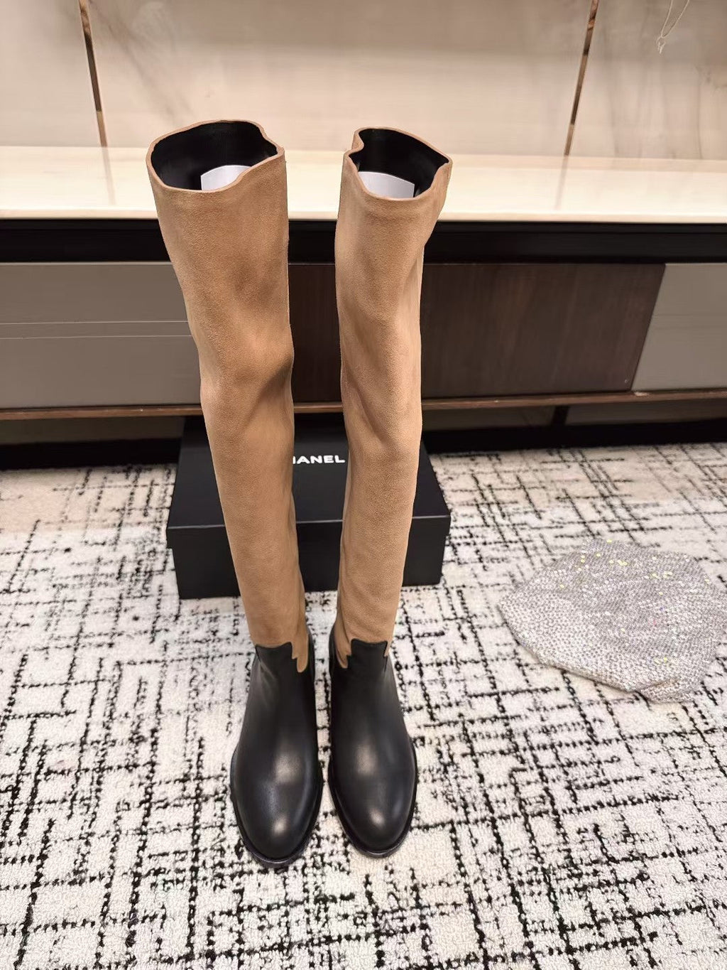 CHANEL HIGH BOOTS IN TAN BROWN SUEDE MIX BLACK CALFSKIN
