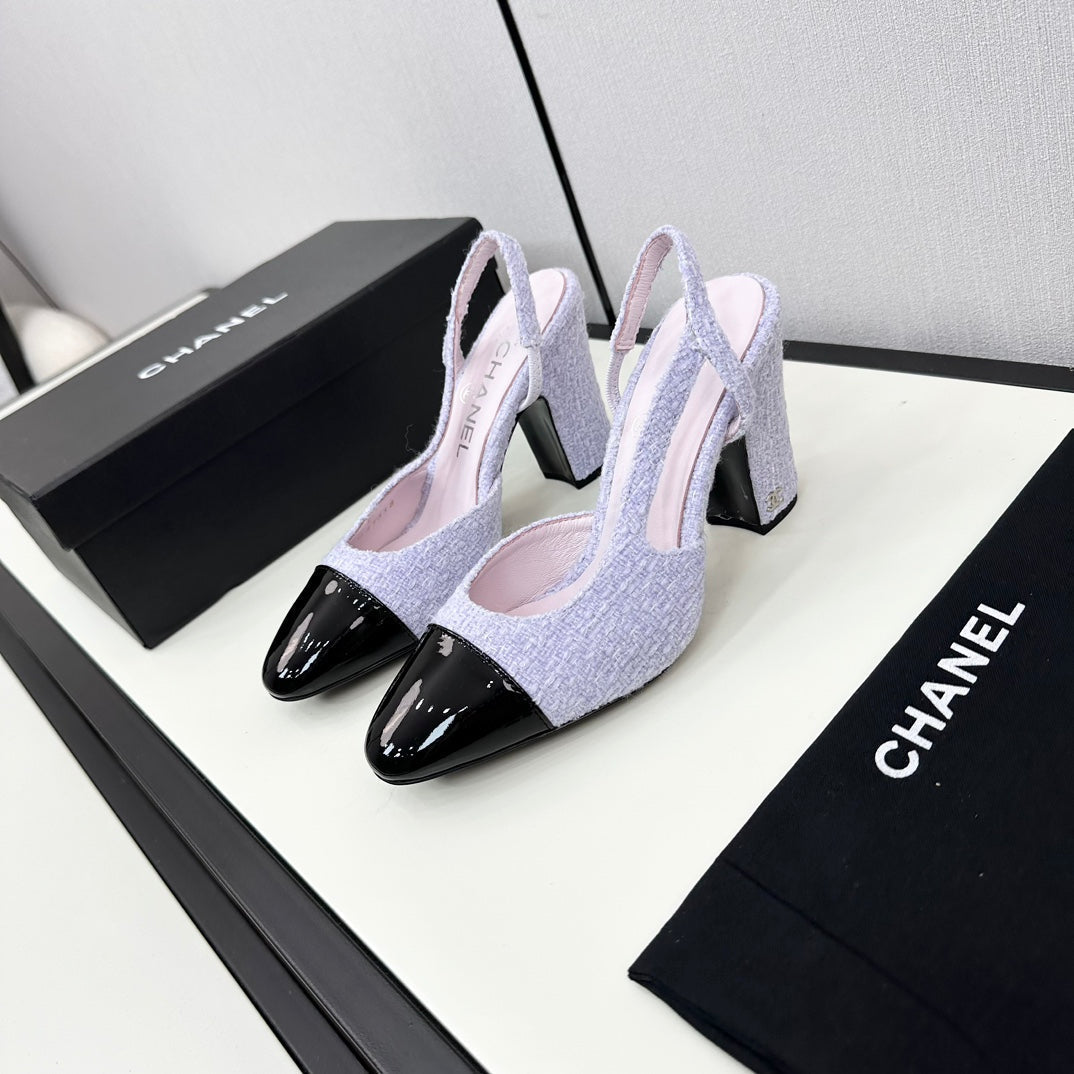 CHANEL HIGH SLINGBACK LIGHT BLUE TWEED AND BLACK CALFSKIN