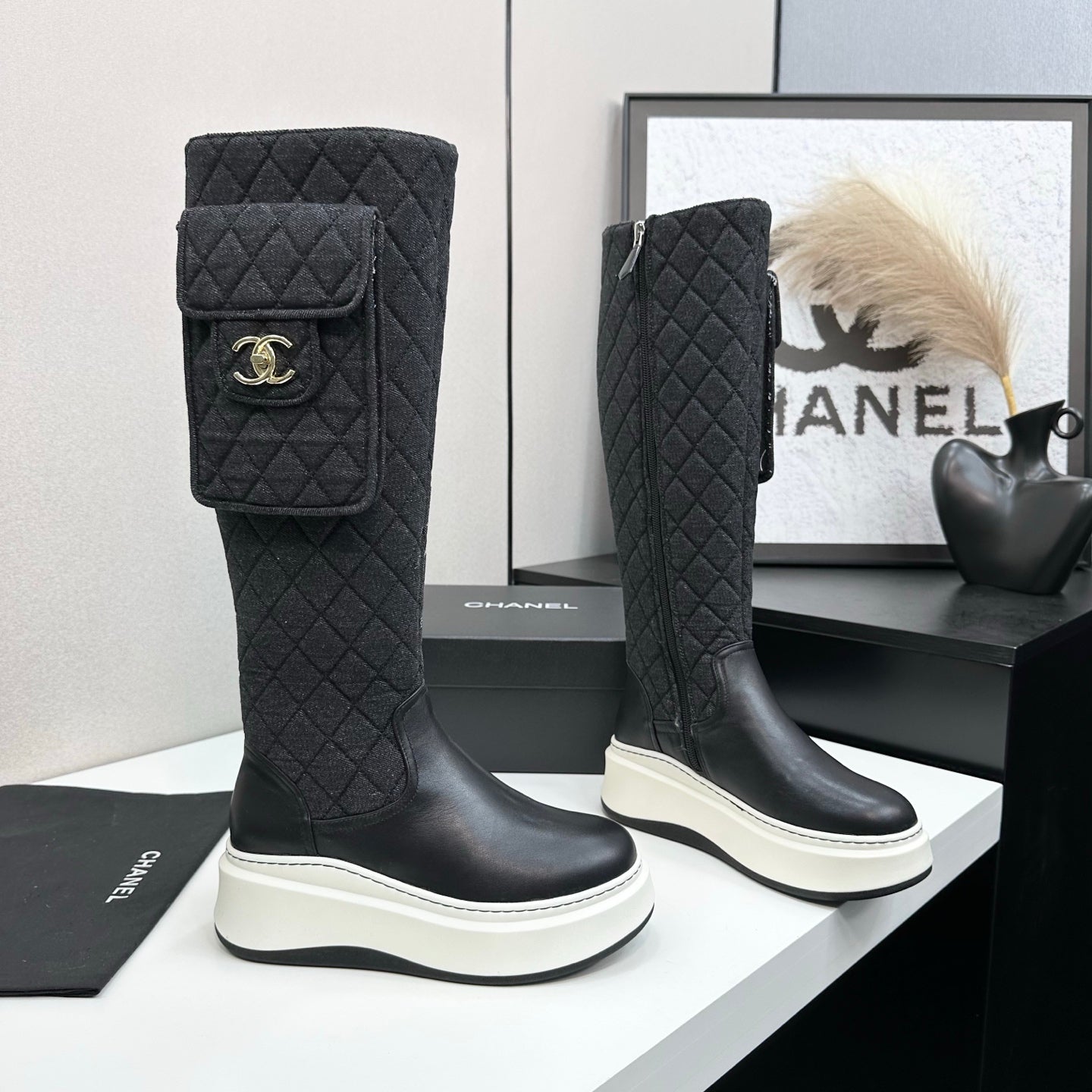 CHANEL 25S WEDGE KNEE-HIGH BOOTS IN BLACK CALFSKIN SILVER HARDWARE