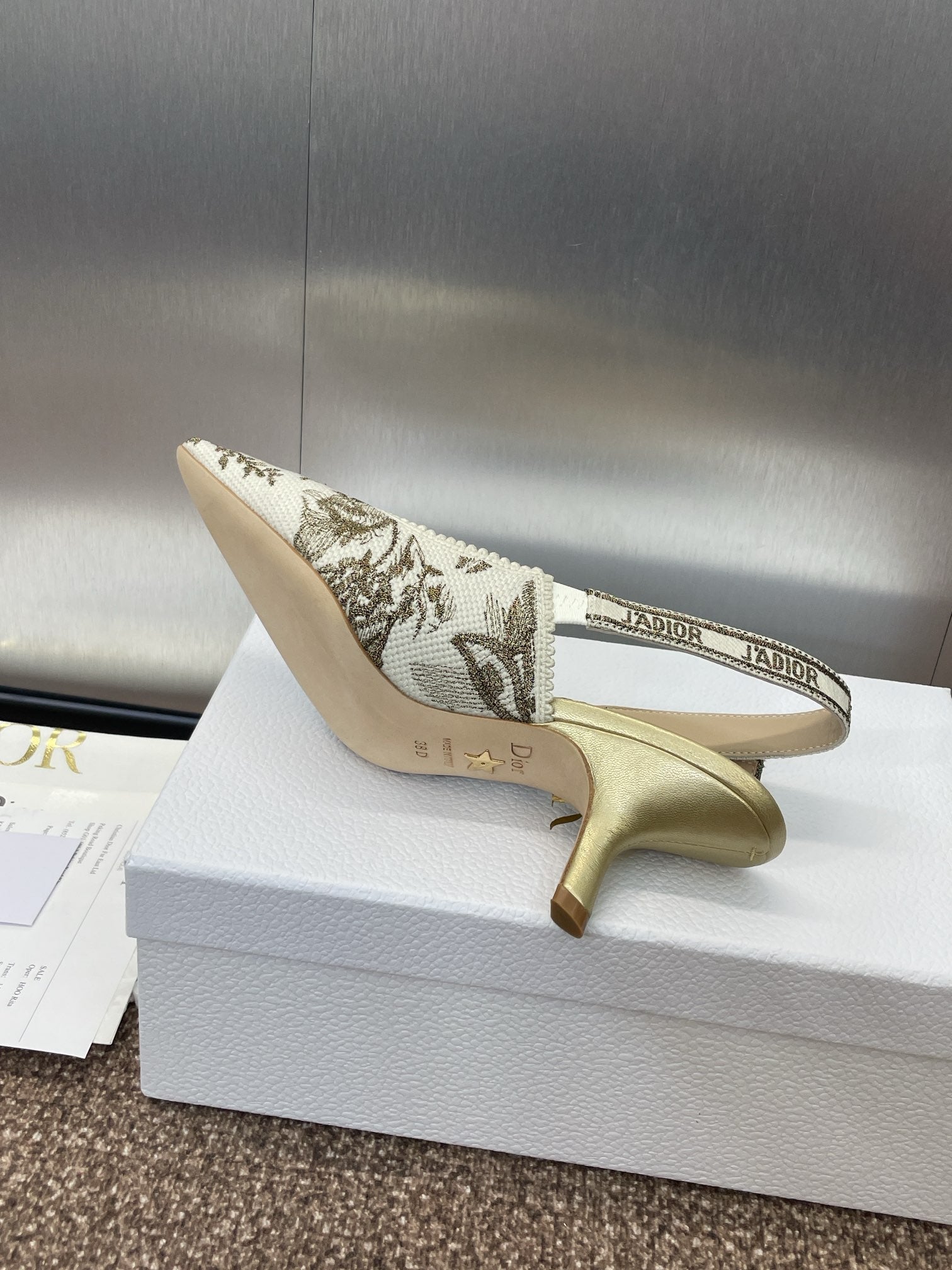 DIOR J'A HIGH SLINGBACK PUMP WHITE AND GOLD-TONE MILLEFIORI JACQUARD 65 MM