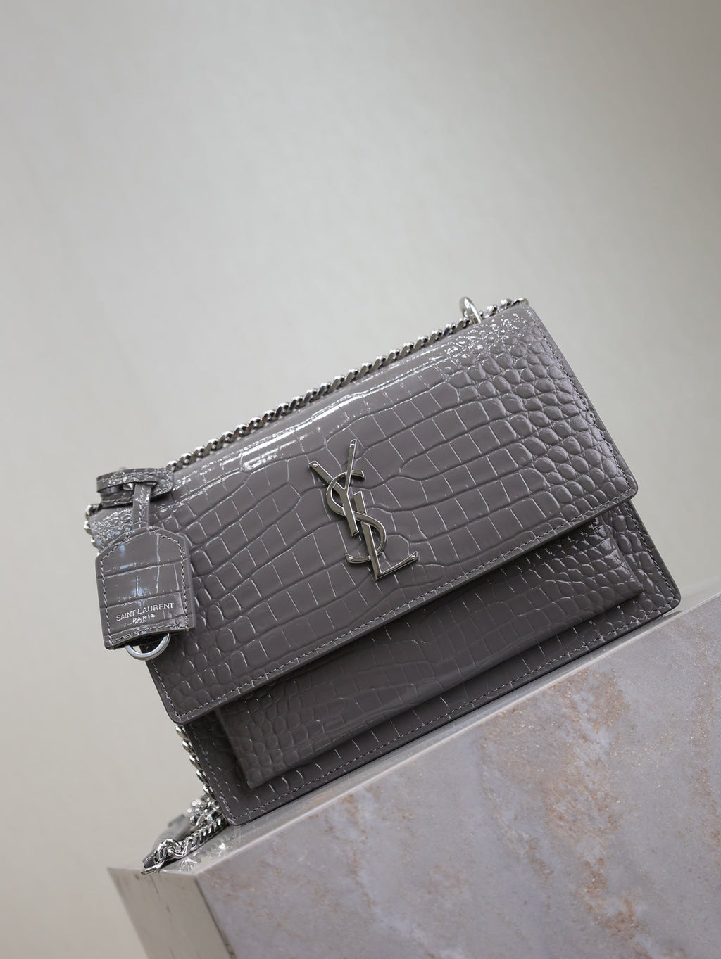 YSL 25S SUNSET MEDIUM 22 IN DARK GRAY CROCODILE-EMBOSSED SHINY CALFSKIN SILVER HARDWARE